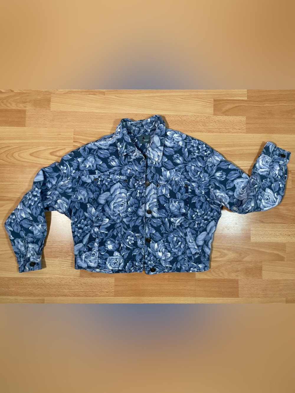 Floral Print Blue Denim Jacket  Button Up Vintage